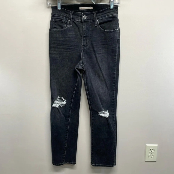 Levi’s 724 High Rise Straight Black Wash Denim Jeans Distressed Knees 26 - Picture 1 of 15